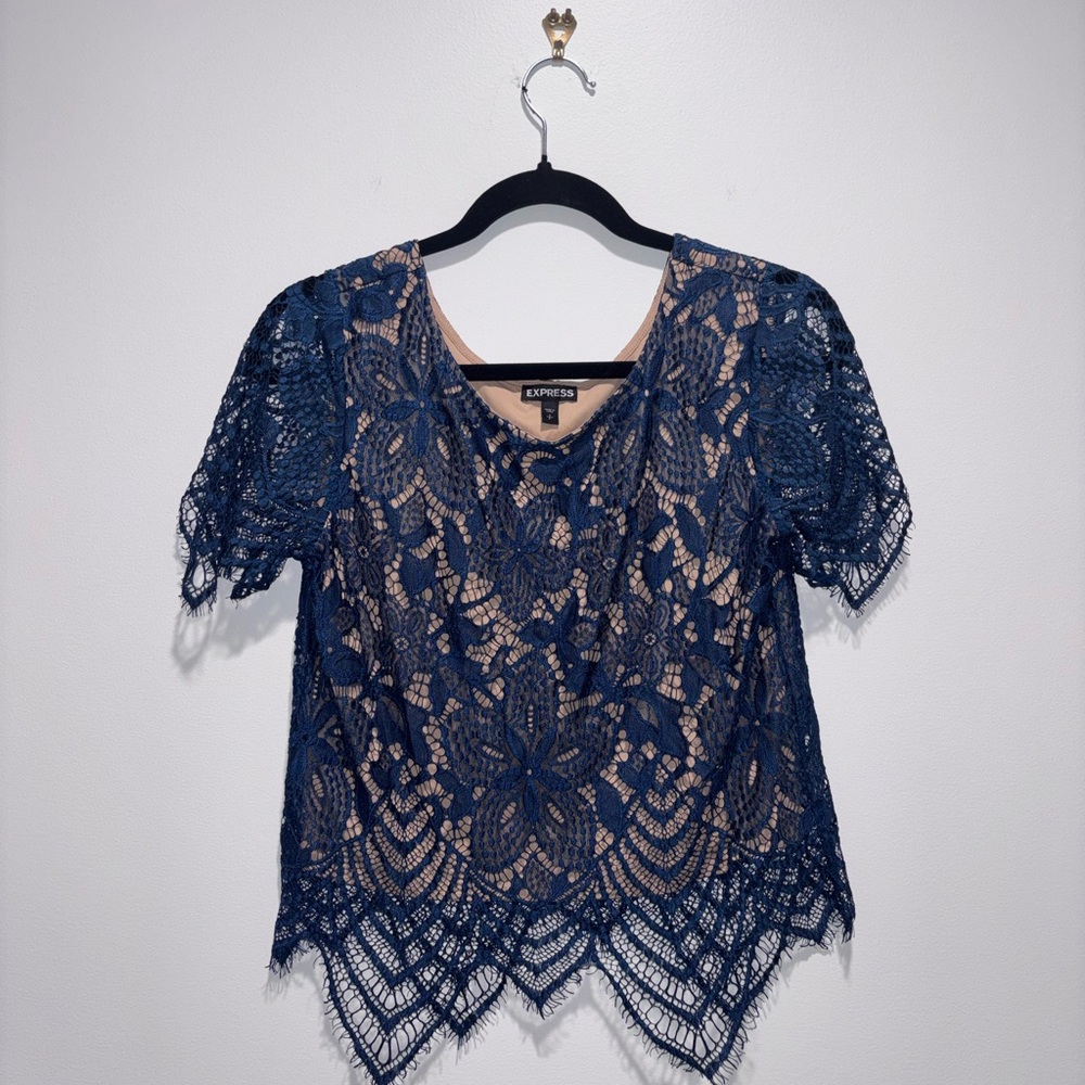 Express Navy Lace Blouse - Picture 2 of 3